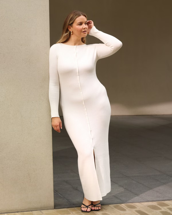 Long-Sleeve Button-Through Maxi Sweater Dress | Abercrombie & Fitch (UK)