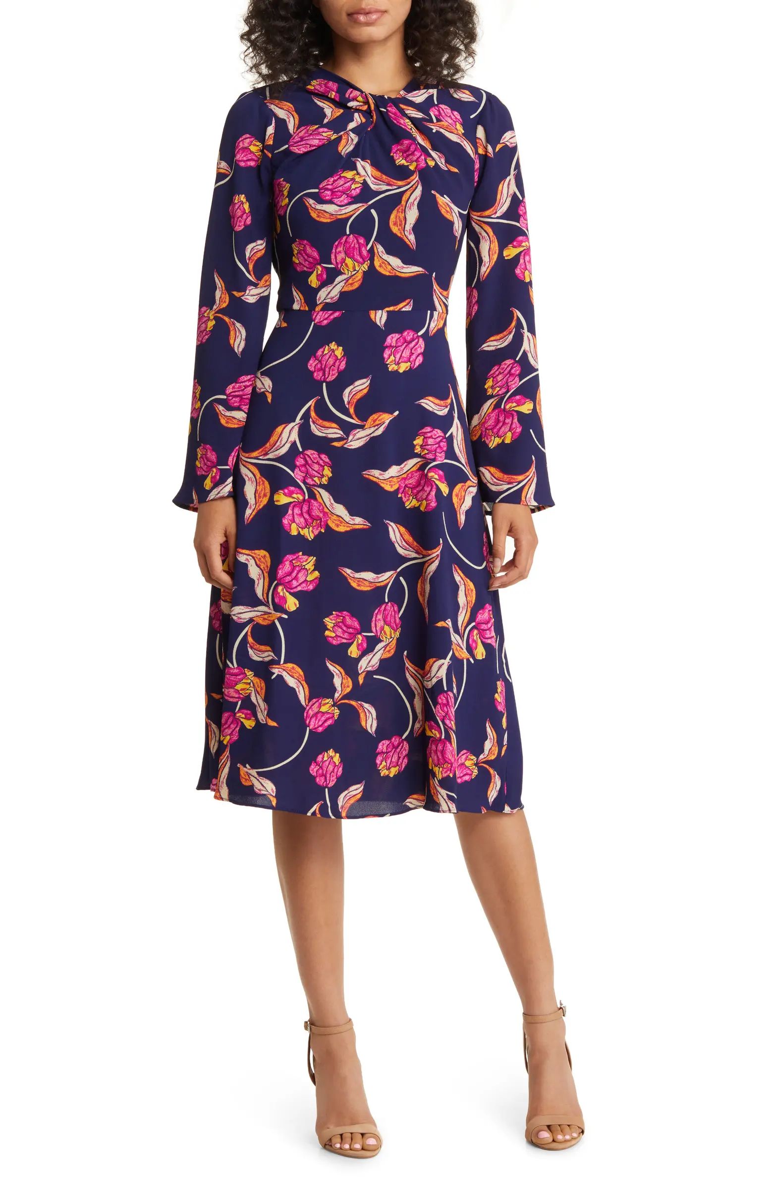 Floral Twist Neck Long Sleeve Midi Dress | Nordstrom