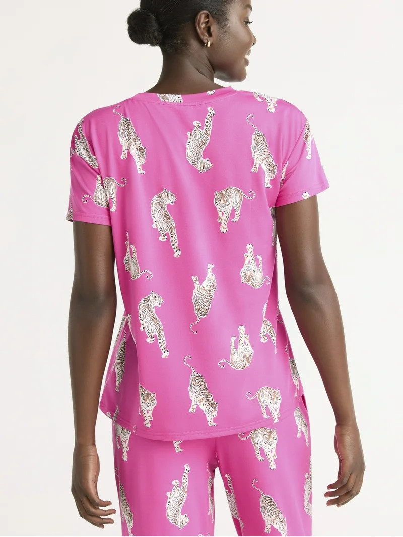 Joyspun Women's Short Sleeve Sleep Top and Open Leg Pants Pajama Set, 2-Piece, Sizes XS-3X | Walmart (US)