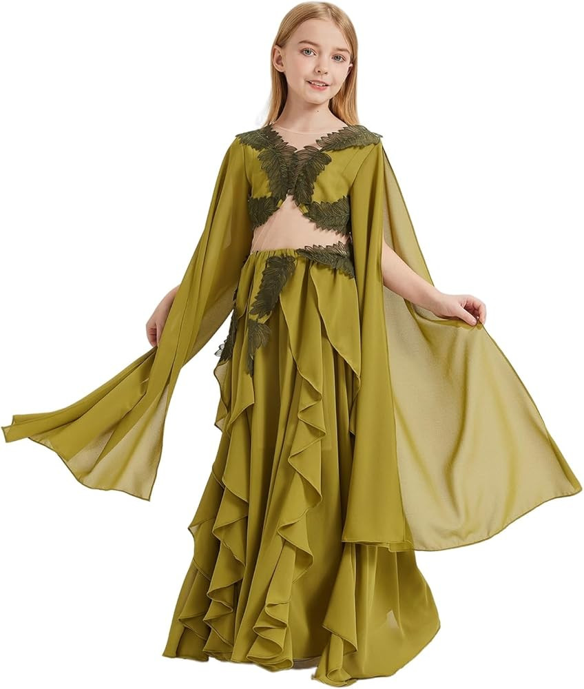Girls' Elegant Olive Green Chiffon Dress Lace Trim Ruffled Skirt Flowing Cape Sleeves Vintage Fol... | Amazon (US)