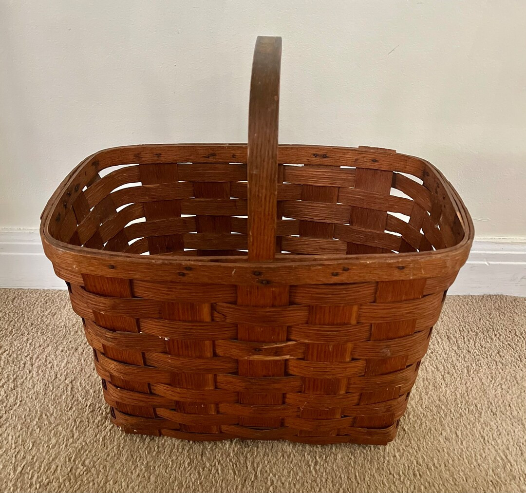 Vintage Primitive Splint Split Oak Woven Gathering Basket with Wood Handle | Etsy (US)