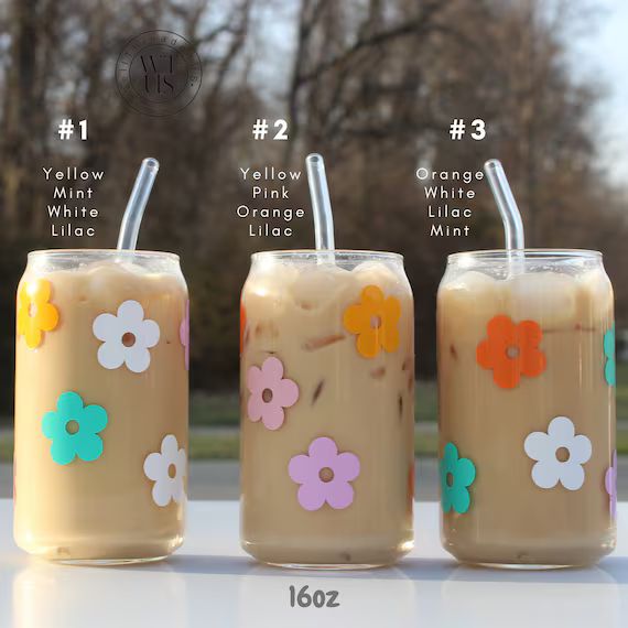 Retro Flower Glass jar, daisy coffee glass,  boho beer glass jar , Iced Coffee Glass, 16 oz Beer ... | Etsy (US)