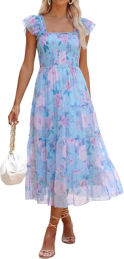 ANRABESS Women Summer Floral Midi Dress Sleeveless Boho Flowy Smocked RuffleTulle Beach Vacation ... | Amazon (US)