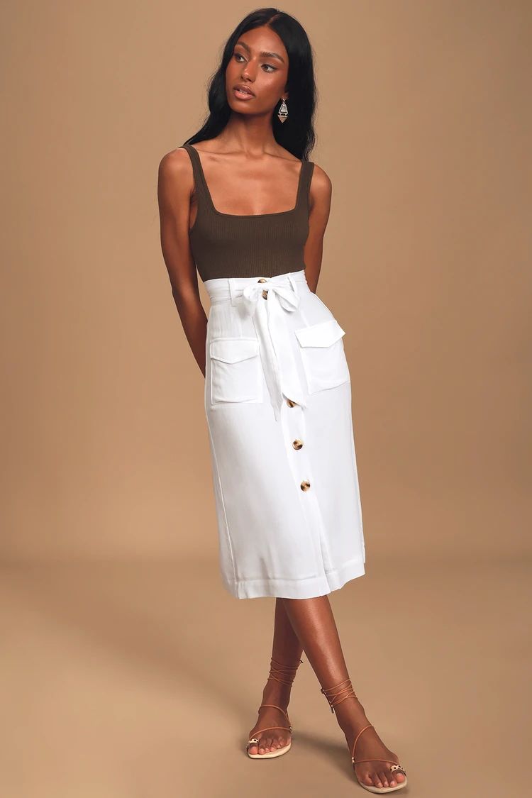 Cali White Belted Button-Front Midi Skirt | Lulus