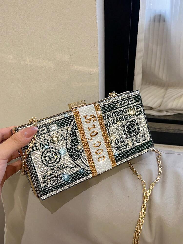 New Personalized Creative Dollar Diamond Handbag Evening Bag Water Diamond Small Bag Female Cross-Body Chain Bag Party Bag Super Hot Ins Stylish Small Handbag Shoulder Bag Lipstick | SHEIN
