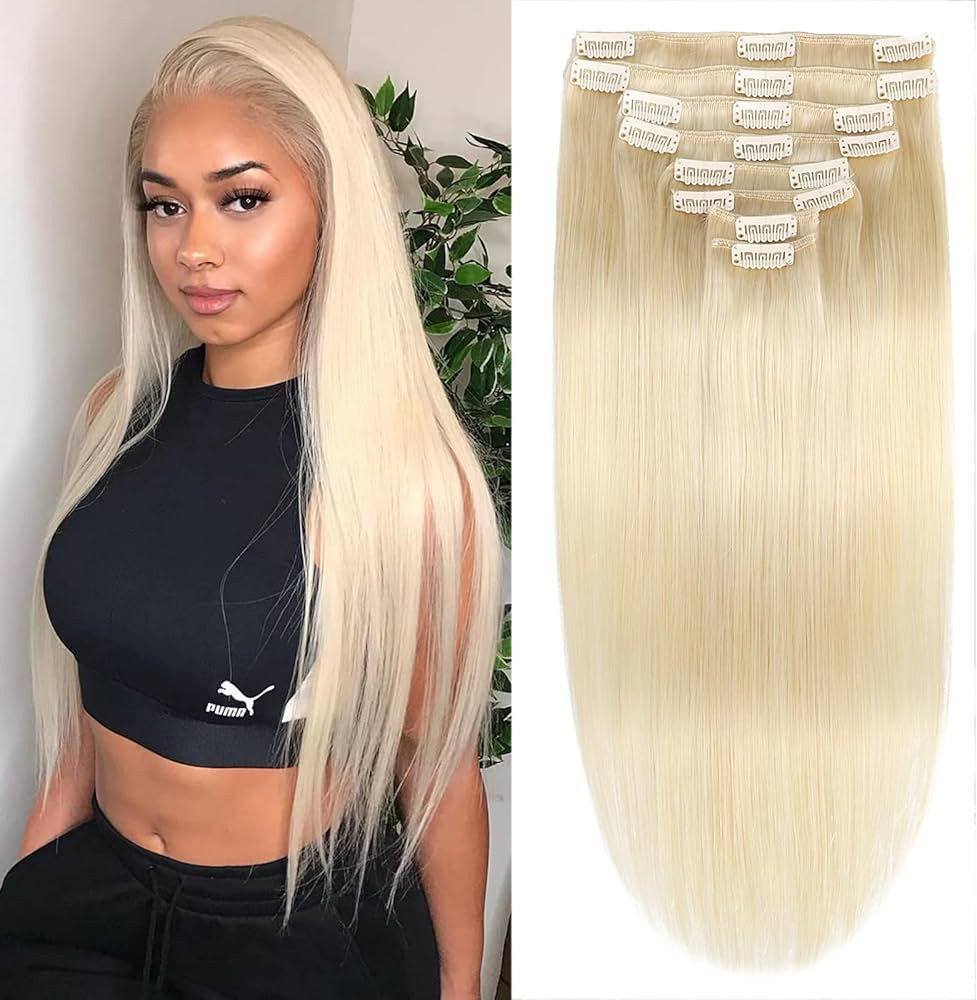 Platinum Blonde Clip in Hair Extensions Real Human Hair, Natural Straight Clip ins for Women - In... | Amazon (US)