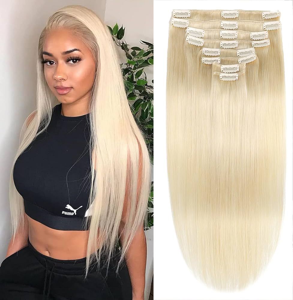 Platinum Blonde Clip in Hair Extensions Real Human Hair, Natural Straight Clip ins for Women - In... | Amazon (US)