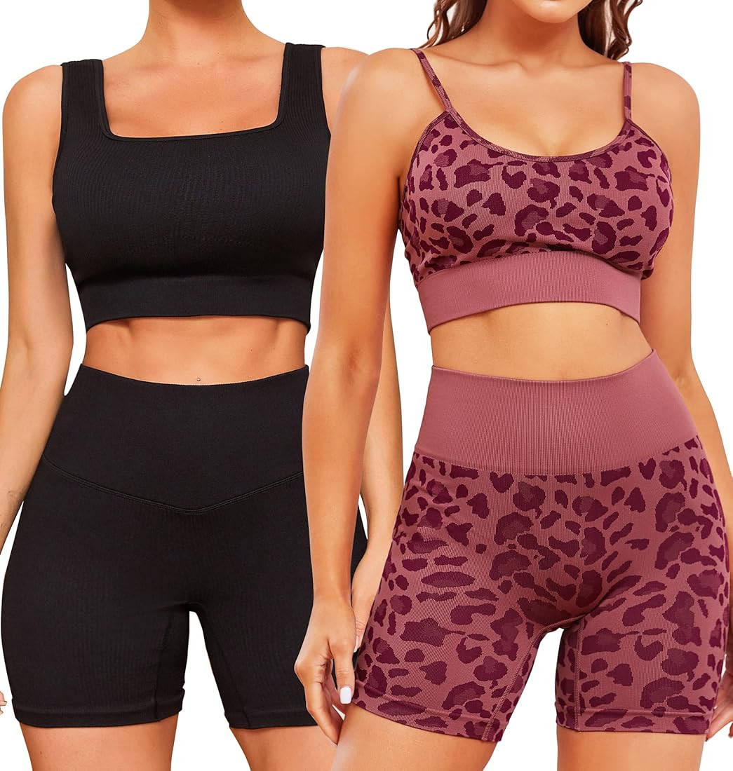 FINETOO Workout Sets for Women 4 Pieces Ribbed Crop Tank Shorts Active Gym Exercise High Waisted ... | Amazon (US)