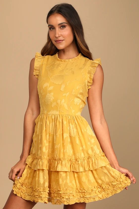 True as Can Be Mustard Yellow Burnout Floral Ruffled Mini Dress | Lulus (US)