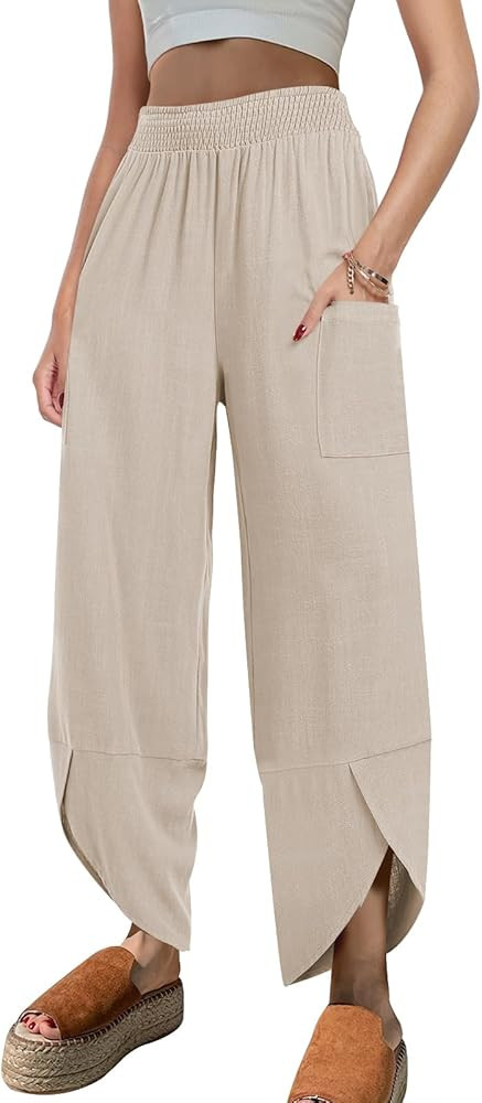 Caracilia Women Casual Linen High Waisted Wide Leg Baggy Palazzo Capri Pants Summer 2024 Trendy O... | Amazon (US)