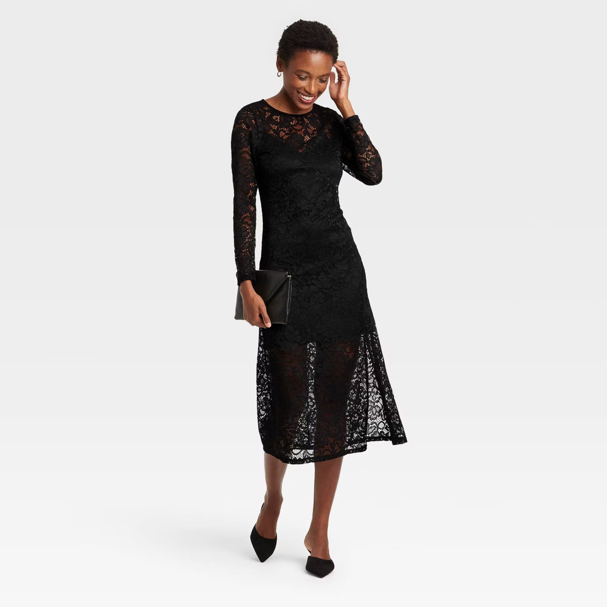Women's Long Sleeve Midi Lace Dress - A New Day™ Black Floral | Target
