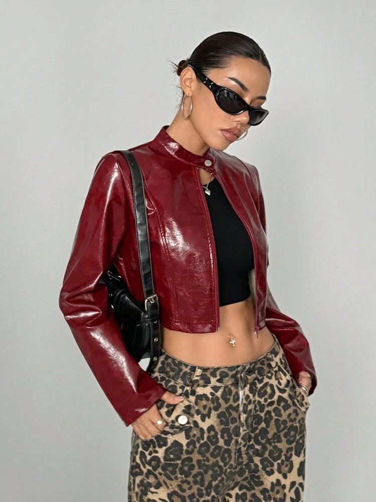 StreetHx Women's Streetwear Zipper Burgundy Red Short Leather Jacket | SHEIN