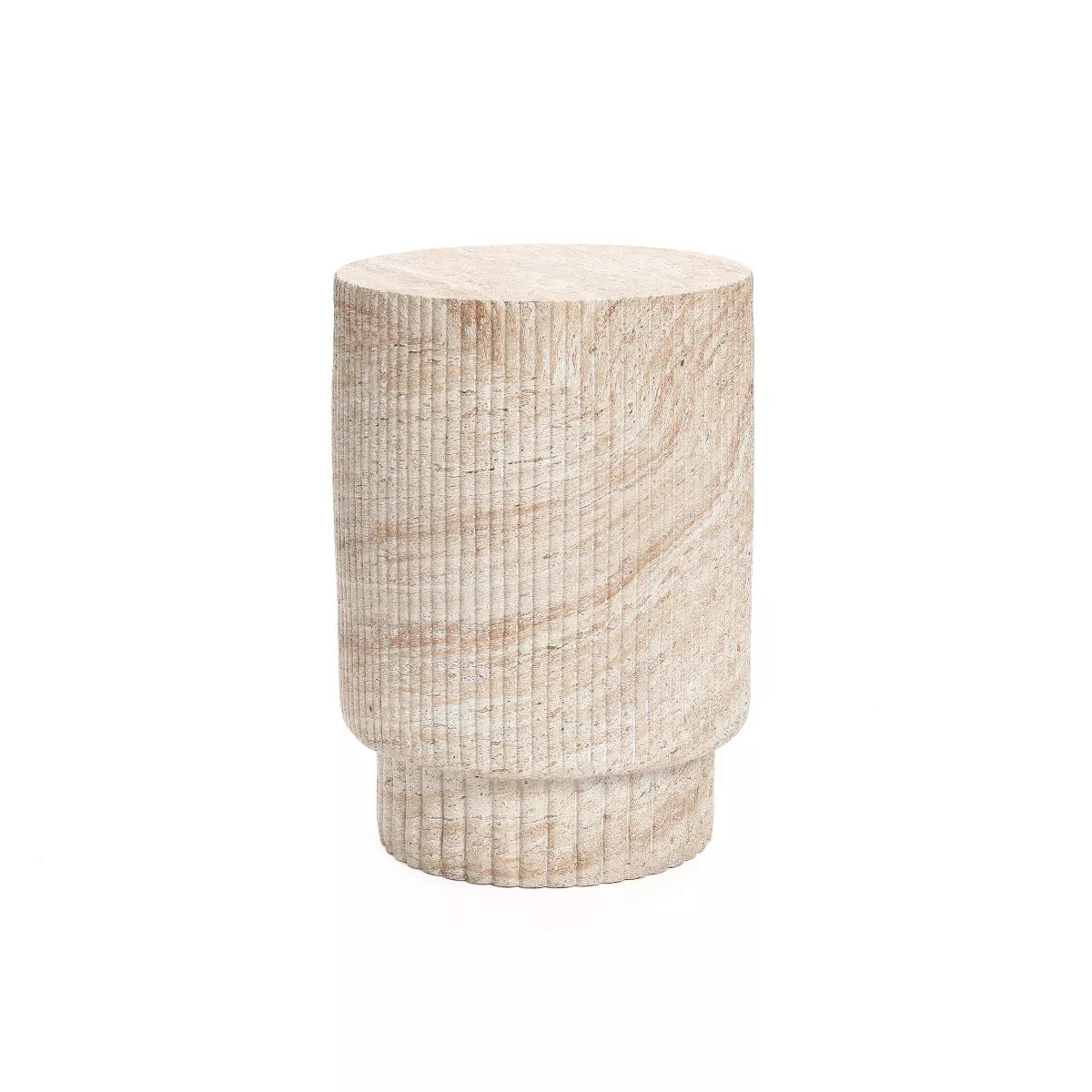 LuxenHome Travertine-Style Round Ribbed MgO Side Table Multicolored | Target