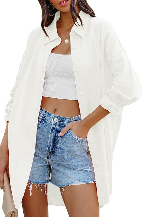 FSHAOES Womens Oversized Button Down Shirts Casual Loose Long Sleeve Solid Lapel Long Blouses Top... | Amazon (US)