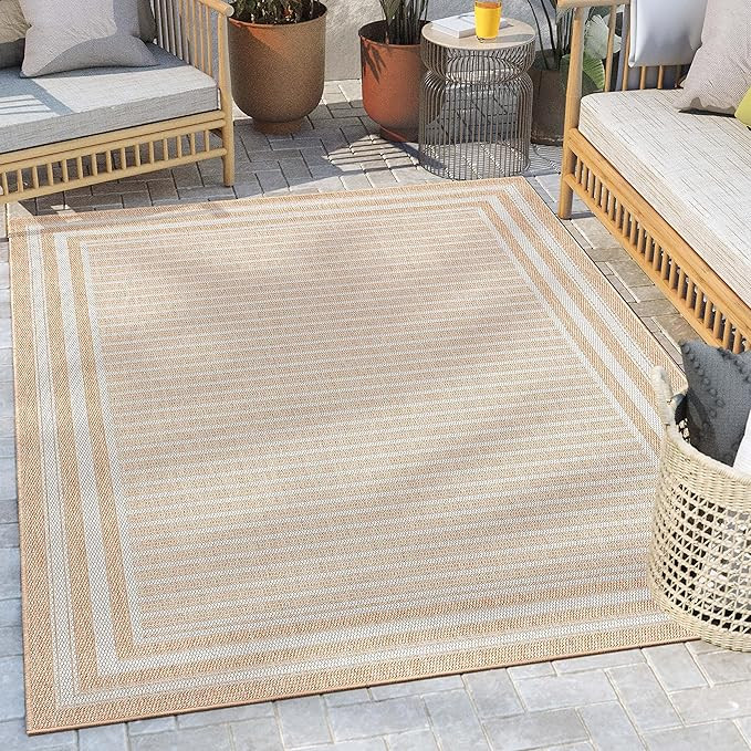 Well Woven Indoor/Outdoor Area Rug (5'3" x 7'3") Frankie Beige Striped Border | Amazon (US)