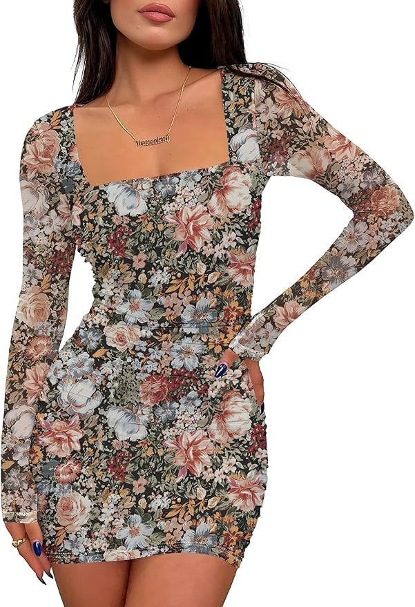 Prinbara Womens Mesh Long Sleeve Square Neck Ruched Mini Dress Sexy Bodycon Elegant Cocktail Even... | Amazon (US)