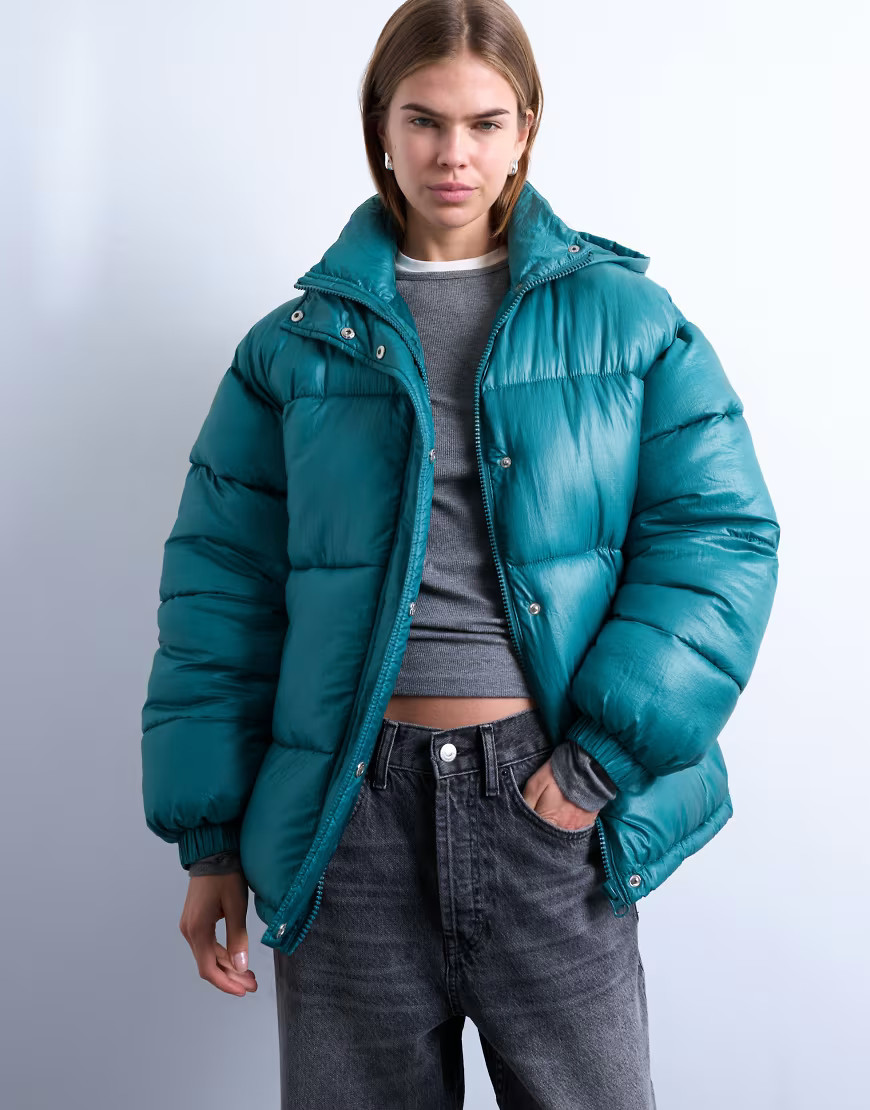 Topshop high shine ripstop puffer jacket in teal-Green | ASOS (Global)