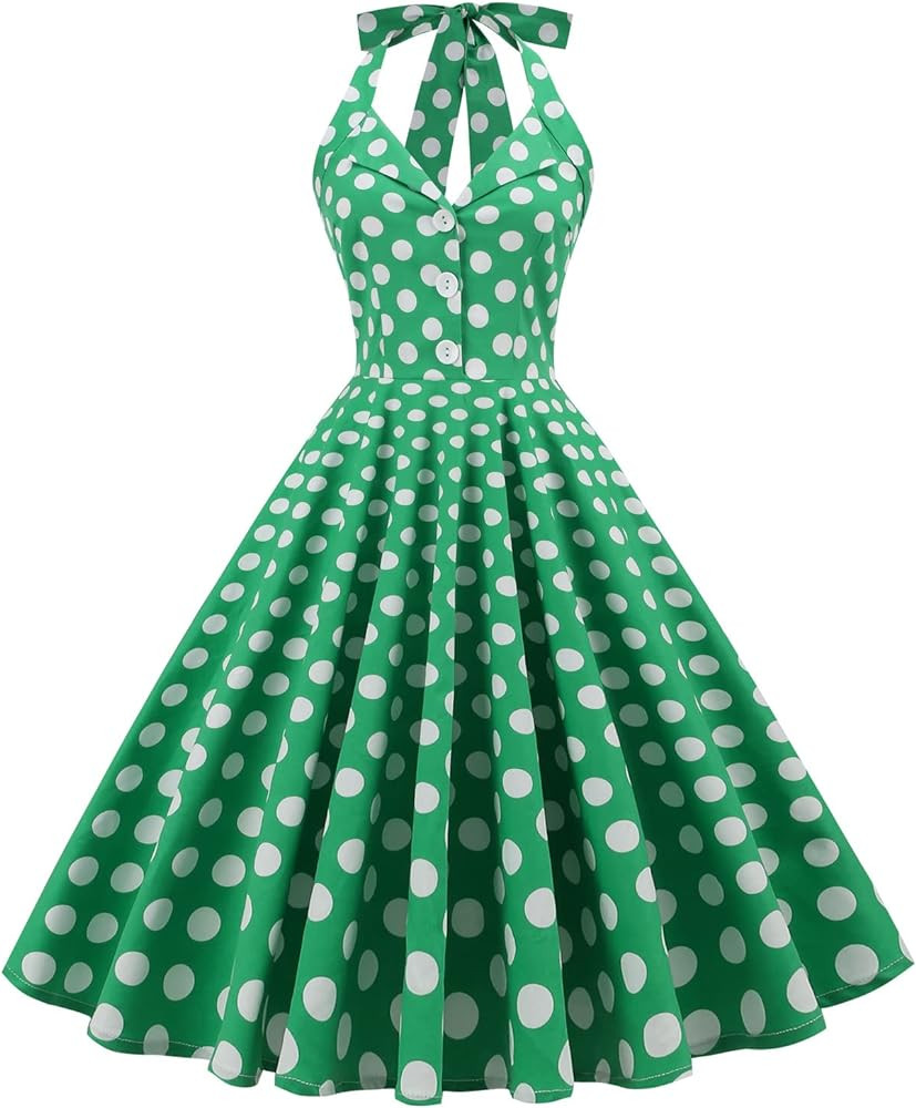 Women 50s Vintage Polka Dot Halter Cocktail Swing Dress Buttons Floral 1950s Rockabilly Audrey He... | Amazon (US)