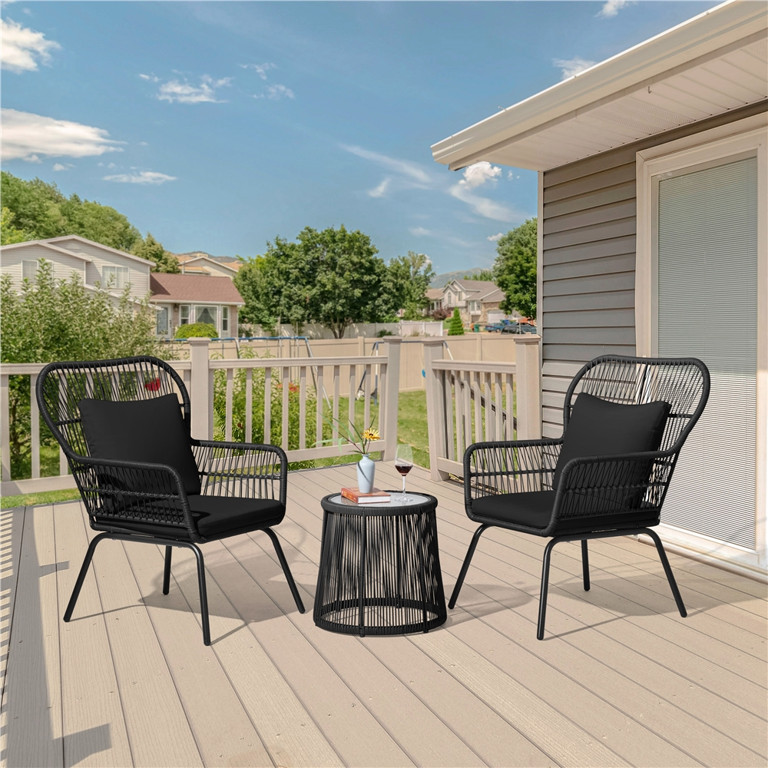 SMILE MART Outdoor 3-piece Synthetic Wicker Patio Set with Cushions, Black | Walmart (US)
