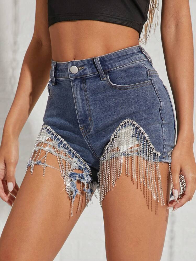 Denimoi Fall Women Clothes, High Waist Sexy Blue Denim Shorts With Rips And Diamond Trim, Jeans S... | SHEIN
