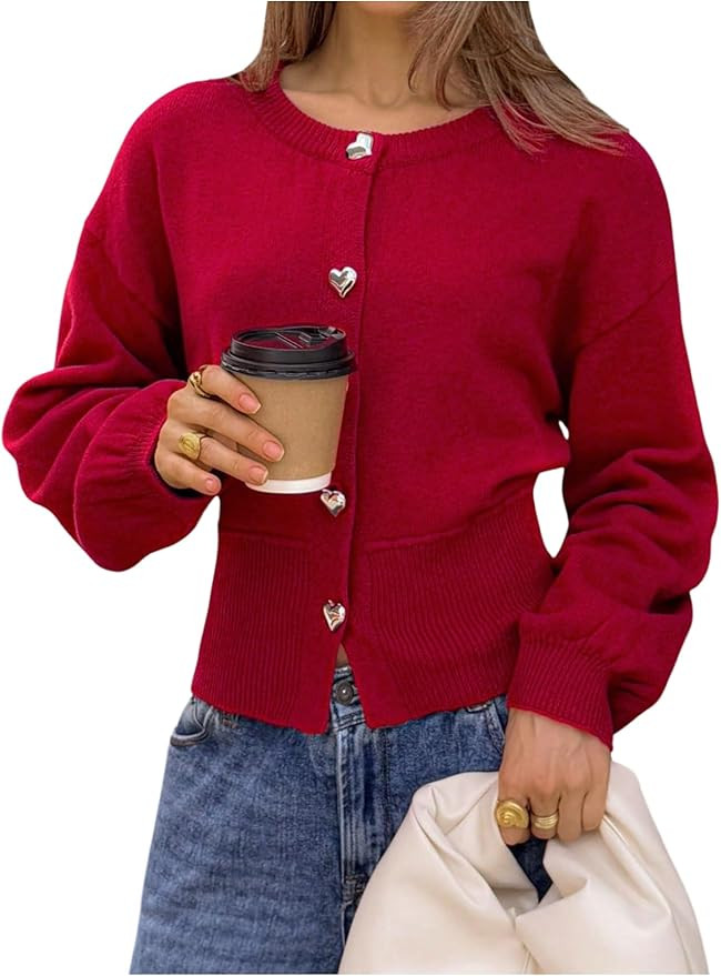 Verdusa Women's Winter Clothing Heart Cropped Cardigan Sweaters Cinched Waist Knit Tops | Amazon (US)