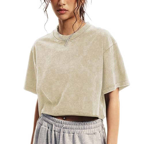 Talakeno Womens Oversized Vintage T Shirts Casual Cropped Tees Short Sleeve Cotton Acid Wash Tops Summer Grunge Shirts(Apricot,M) | Amazon (US)