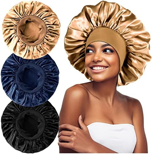 3PCS Extra Large Satin Bonnets for Sleeping, Hair Bonnets for Black Women Braids Curly Hair, F | Amazon (US)