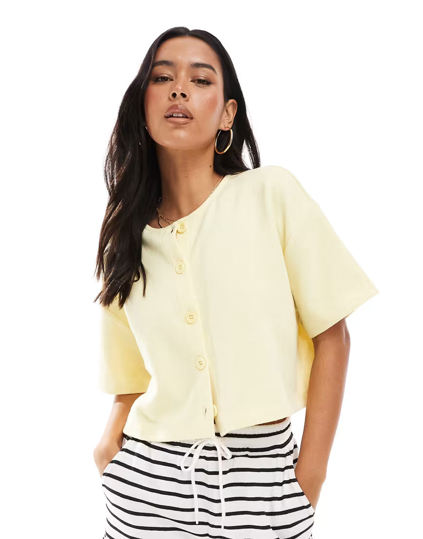 Miss Selfridge ribbed button up short sleeve cardigan in butter yellow - part of a set | ASOS (Global)