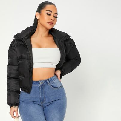 Plus Size Short Black Loose Warm Padded Coat Fall Clothes Women, For Winter | SHEIN