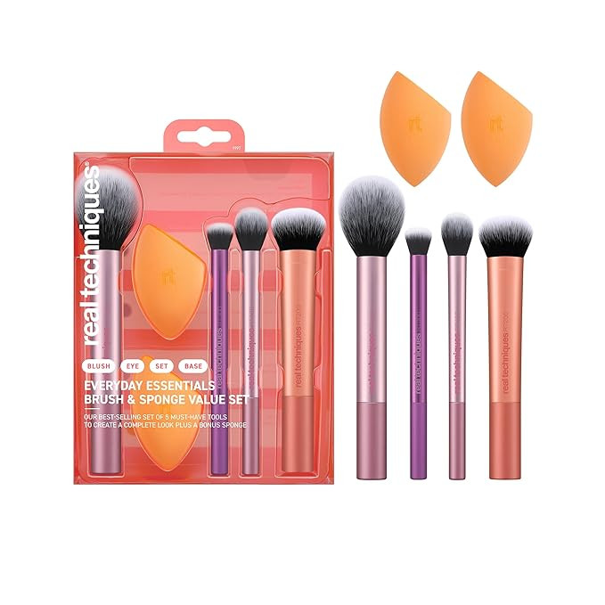 Real Techniques 6 Piece Everyday Essentials Makeup Brush Set, Includes 4 Brushes & 2 Makeup Spong... | Amazon (US)