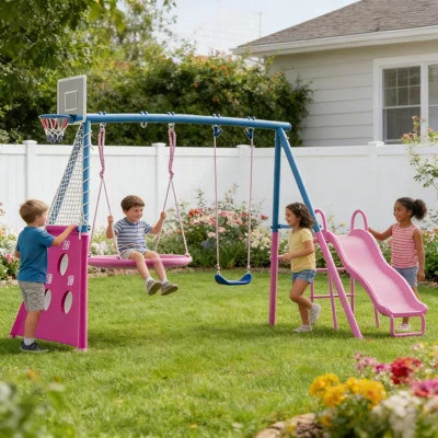 Heavy-Duty Metal Swing Set for Kids 5 in 1 with Slide, Saucer Swing, Belt Swing, Soccer Goals and Basketball Hoop | Wayfair North America