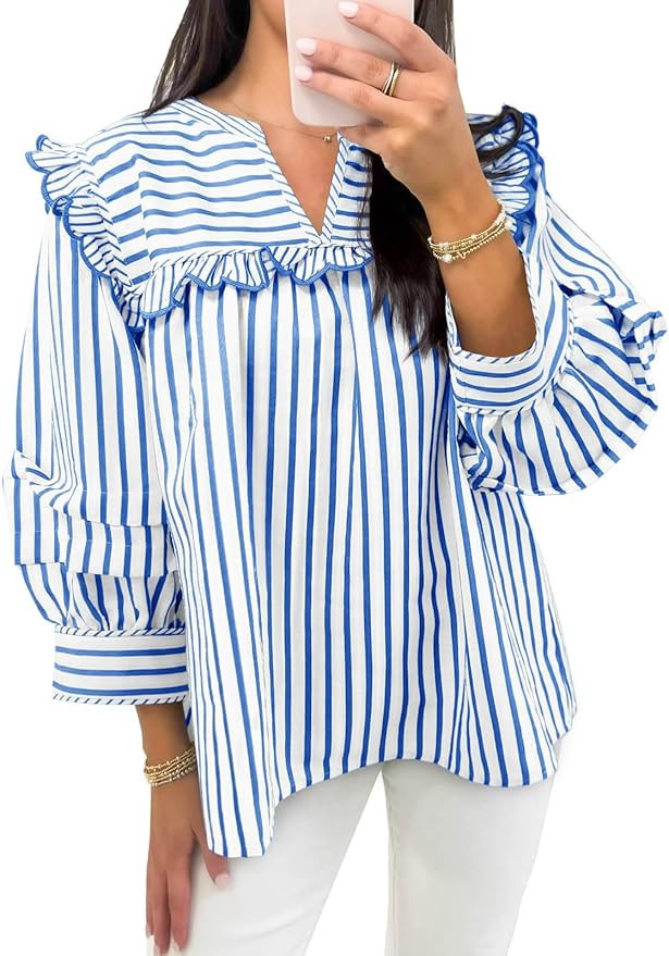 Cicy Bell Womens Striped Babydoll Tops Ruffle V Neck Puff Sleeve Blouses Loose Fit Cute Flowy Shi... | Amazon (US)