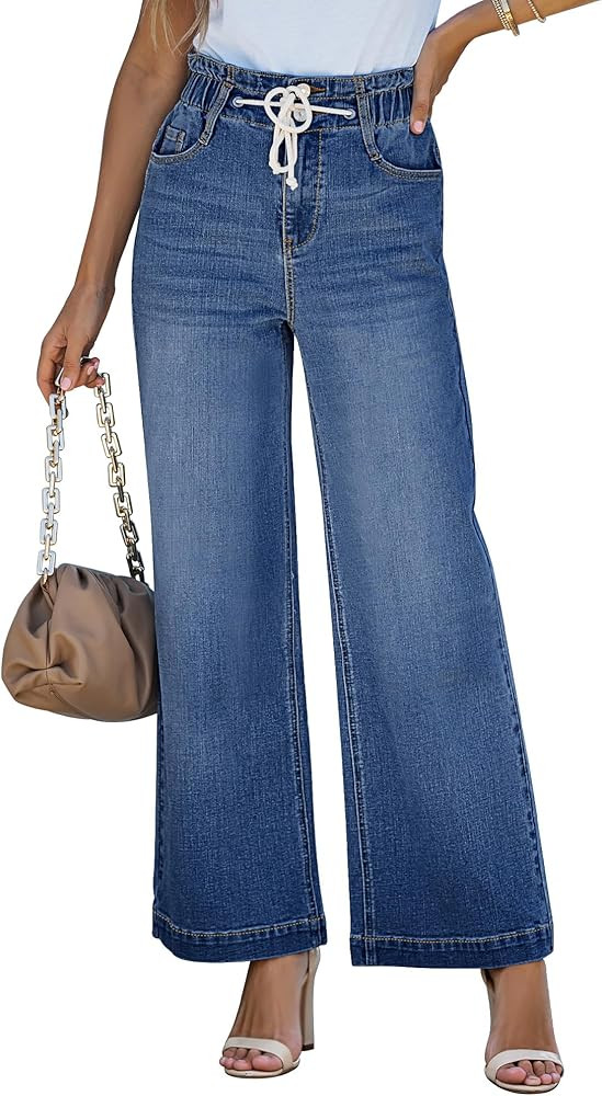 LookbookStore Womens Jeans Wide Leg High Waisted Trendy Elastic Wasit Drawstring Stretch Denim Pa... | Amazon (US)
