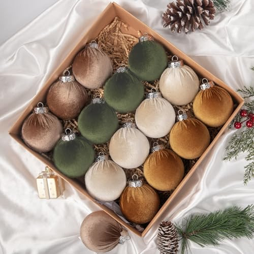 Amandir 16Pcs Velvet Christmas Ornaments Flocked Christmas Tree Balls Ornaments Shatterproof Plastic Decorative Hanging Xmas Bulbs Bulk Decorations Decor (Brown, Neutral, Green, Khaki, 2.76Inch) | Amazon (US)
