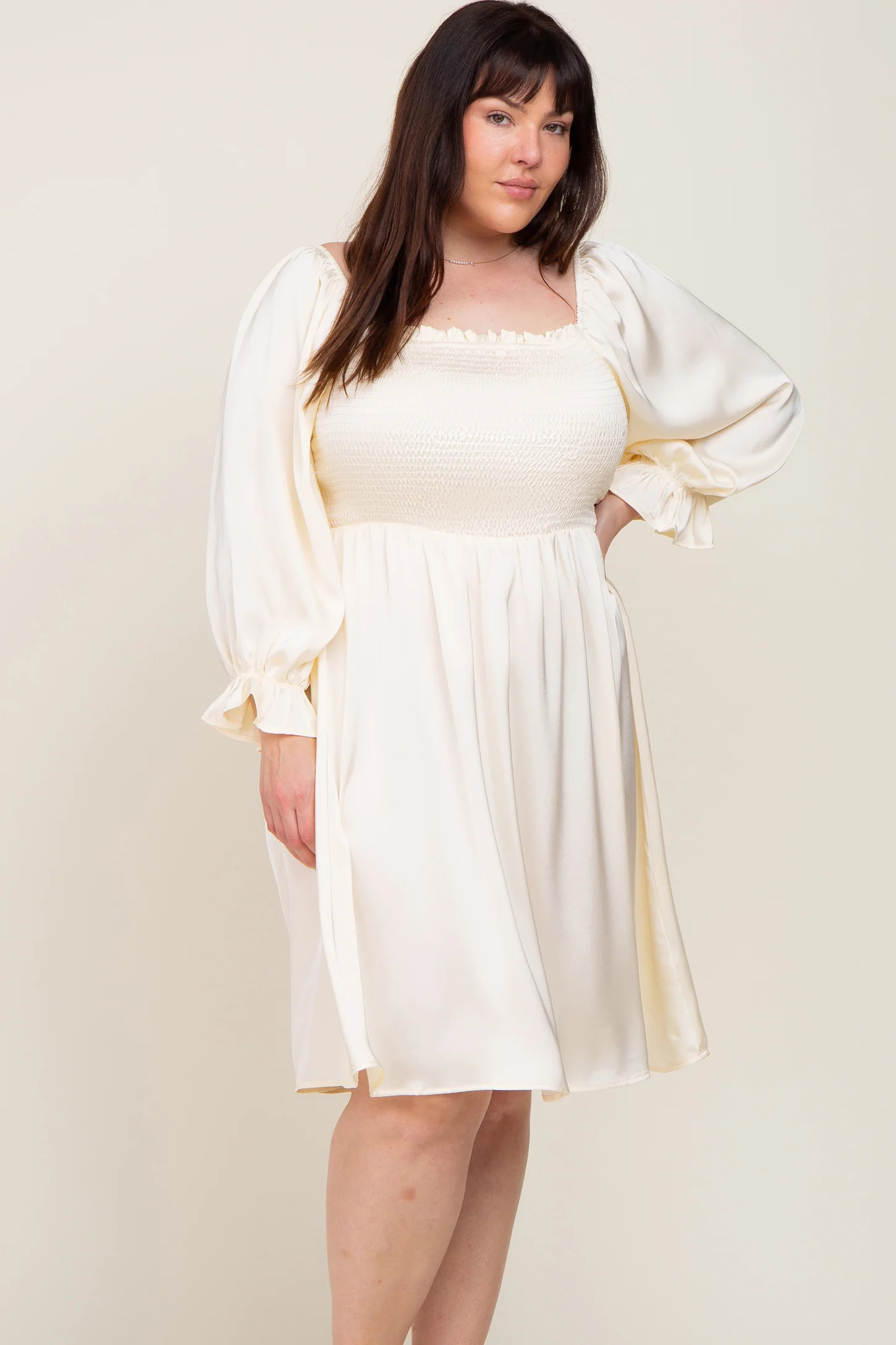 Ivory Satin Smocked Square Neck Plus Dress | PinkBlush Maternity