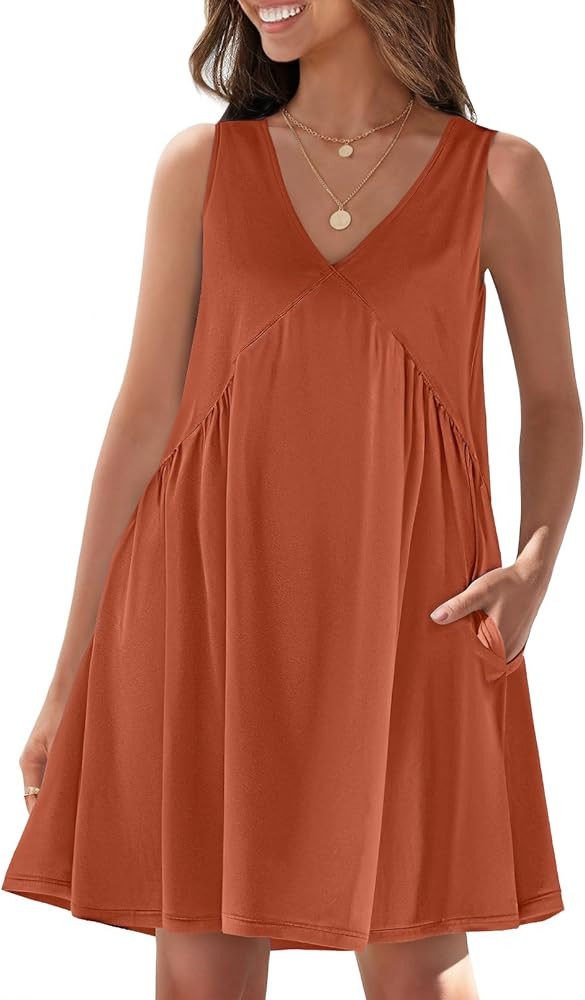 MEROKEETY Women's Summer 2024 Sleeveless Mini Dress V Neck Ruffle Casual Loose Flowy Beach Sundre... | Amazon (US)