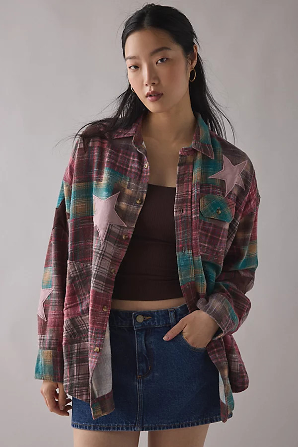 BDG Dani Cowboy Patchwork Oversized Flannel Shirt in Purple, Women's at Urban Outfitters | Urban Outfitters (US and RoW)