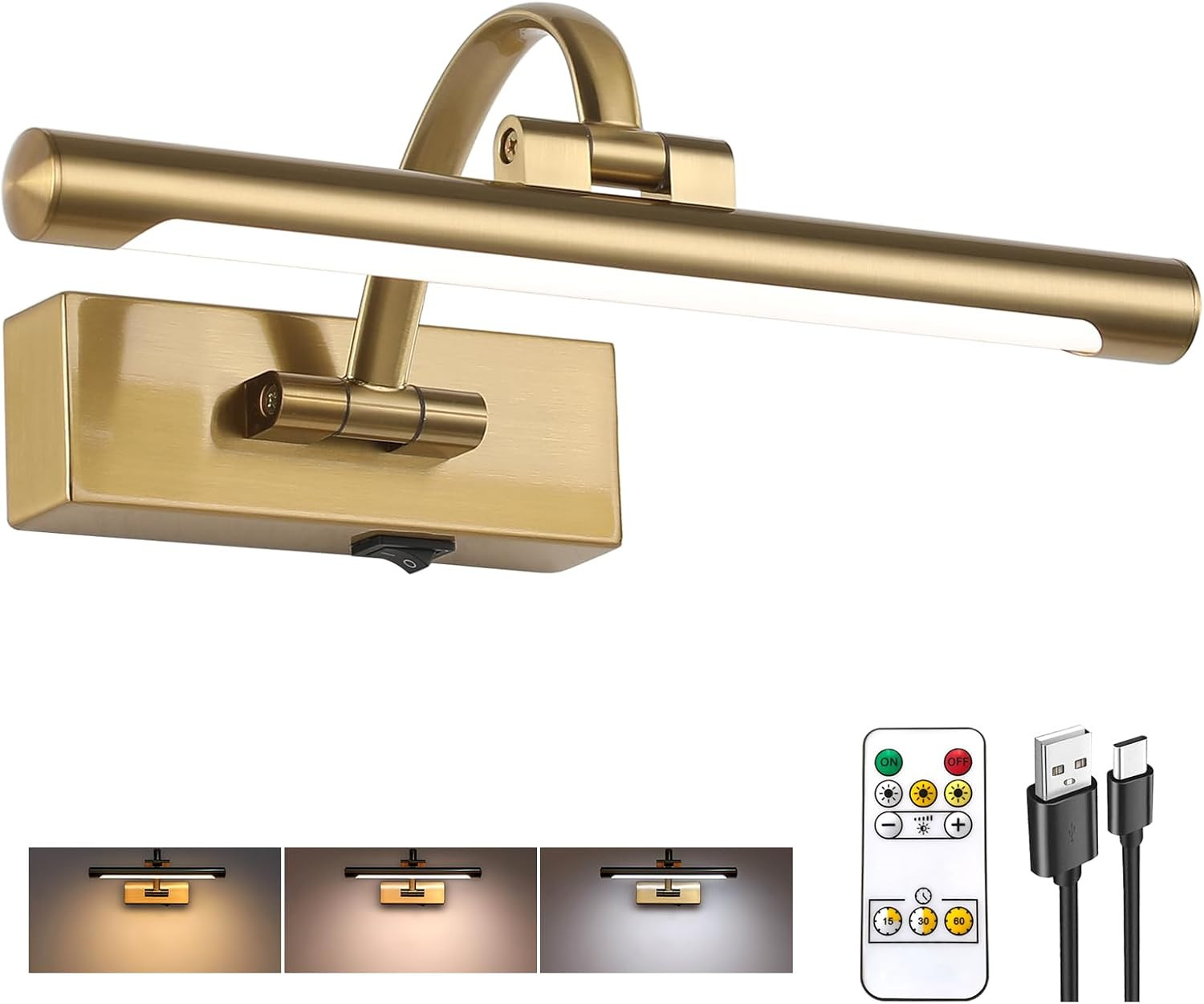 Rechargeable Picture Light with Remote Control,12 Inch Brass Finish Adjustable Wireless Art Lighting Fixture,Painting Lights with Timer,3 Color Temperature and Dimmable | Amazon (US)
