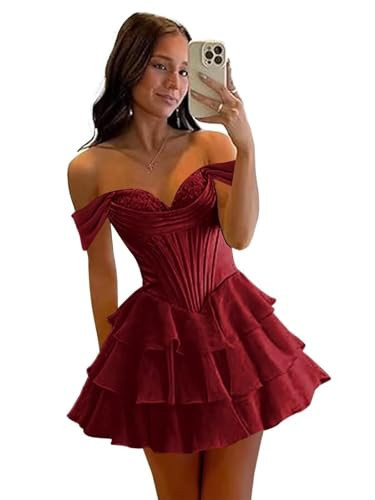 Off Shoulder Floral Lace Homecoming Dresses for Teens 2025 A Line Tull Lace for Women Strap Corset Burgundy Formal Evening Party Gowns Us16 | Amazon (US)