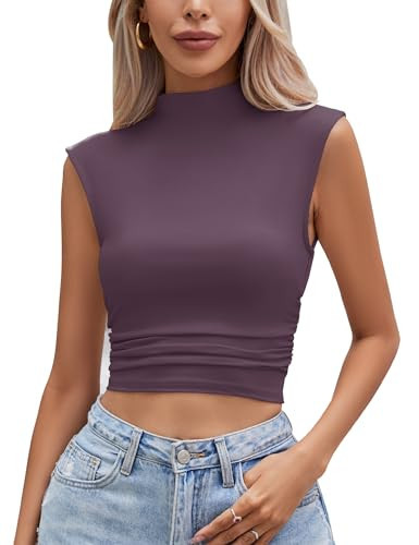 IECCP High Neck Blouse Side Ruched Tank Sleeveless Crop Top for Women Sexy Deep Purple X-Large | Amazon (US)