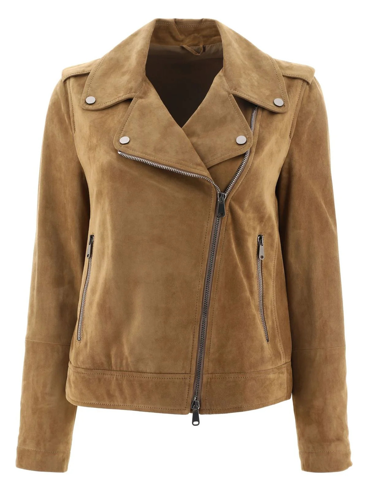Brunello Cucinelli Women's Suede Biker Jacket With Monili in Brown | Size 38 | M0PCL2873C6340 | LOZURI