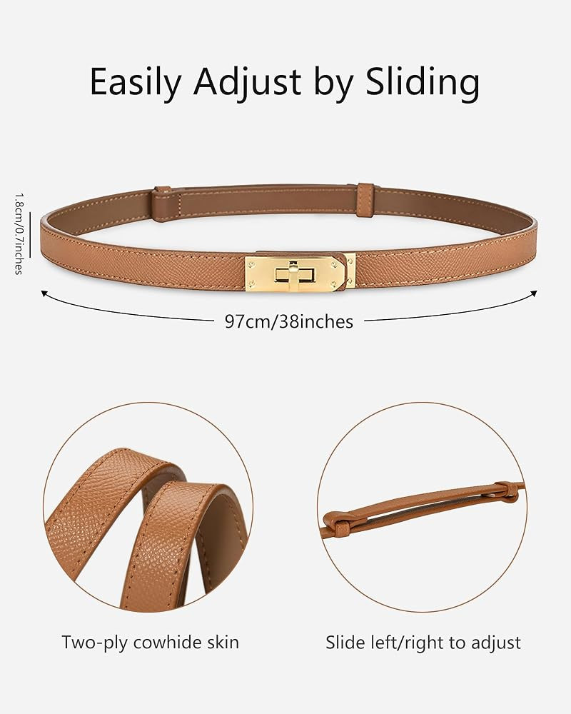 Women's Skinny Leather Belt with Adjustable Golden Turn-Lock Buckle - Ideal for Dresses, Jeans, a... | Amazon (US)