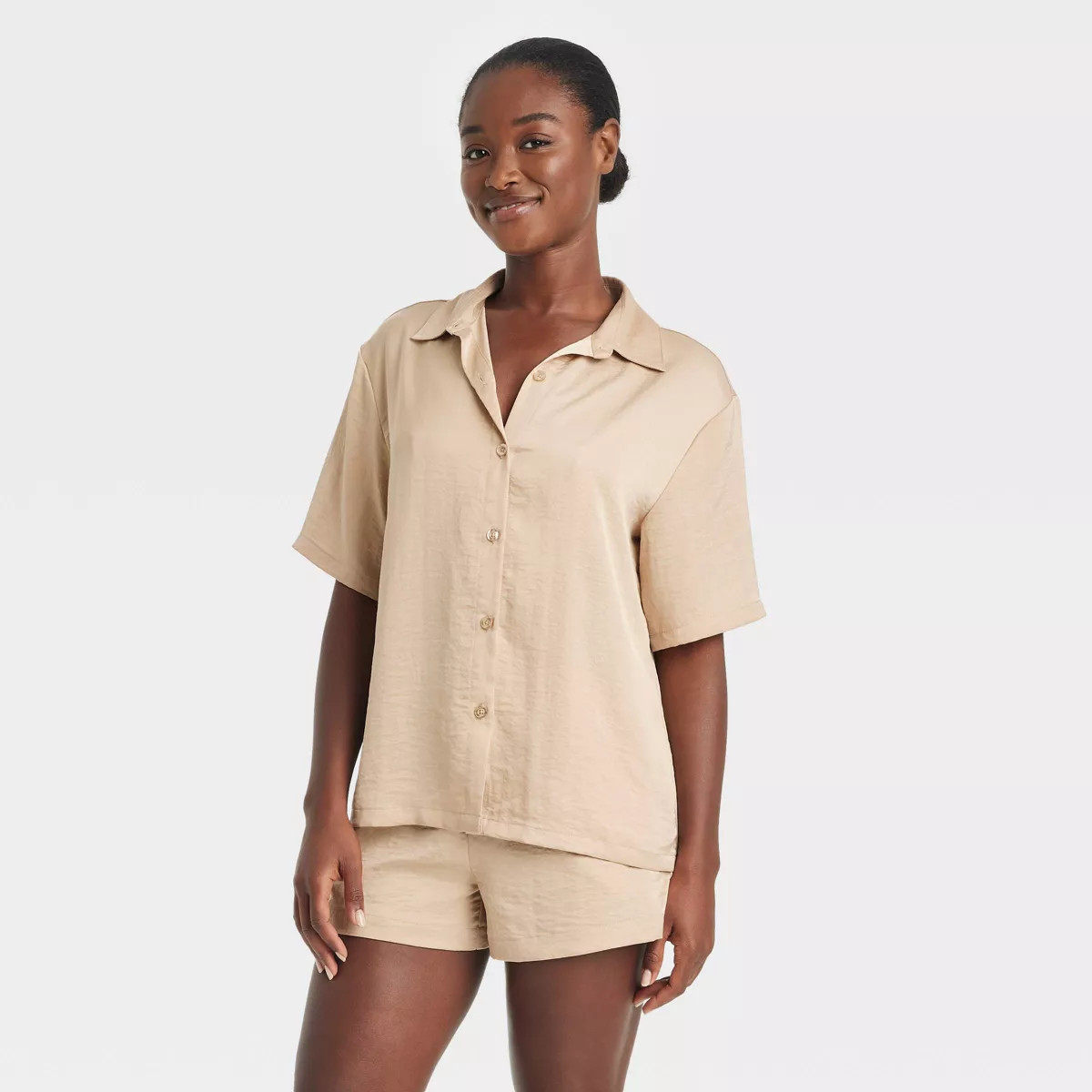 Women's Satin Short Sleeve Notch Collar Top and Shorts Pajama Set - Auden™ | Target