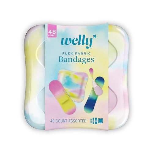 Welly Bandages | Adhesive Flexible Fabric Bravery Badges | Assorted Shapes for Minor Cuts, Scrapes, and Wounds | Colorful and Fun First Aid Tin | Colorwash Tie Dye Patterns - 48 Count | Amazon (US)