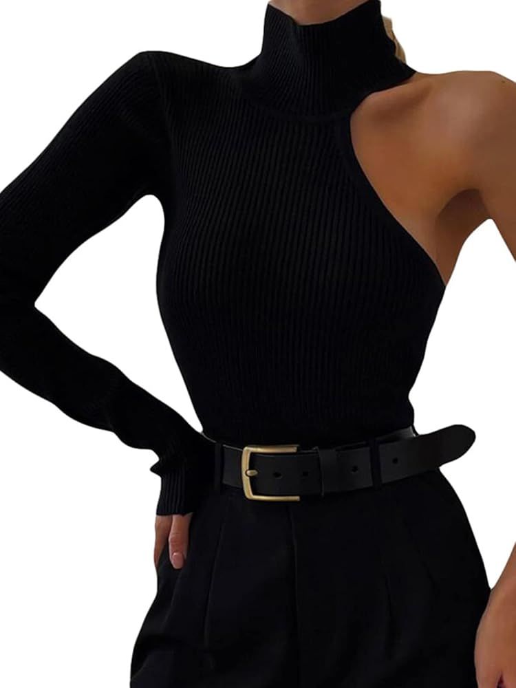 Hilinker Women's One Shoulder Bodysuit Long Sleeve High Neck Ribbed Knit Leotard Top | Amazon (US)