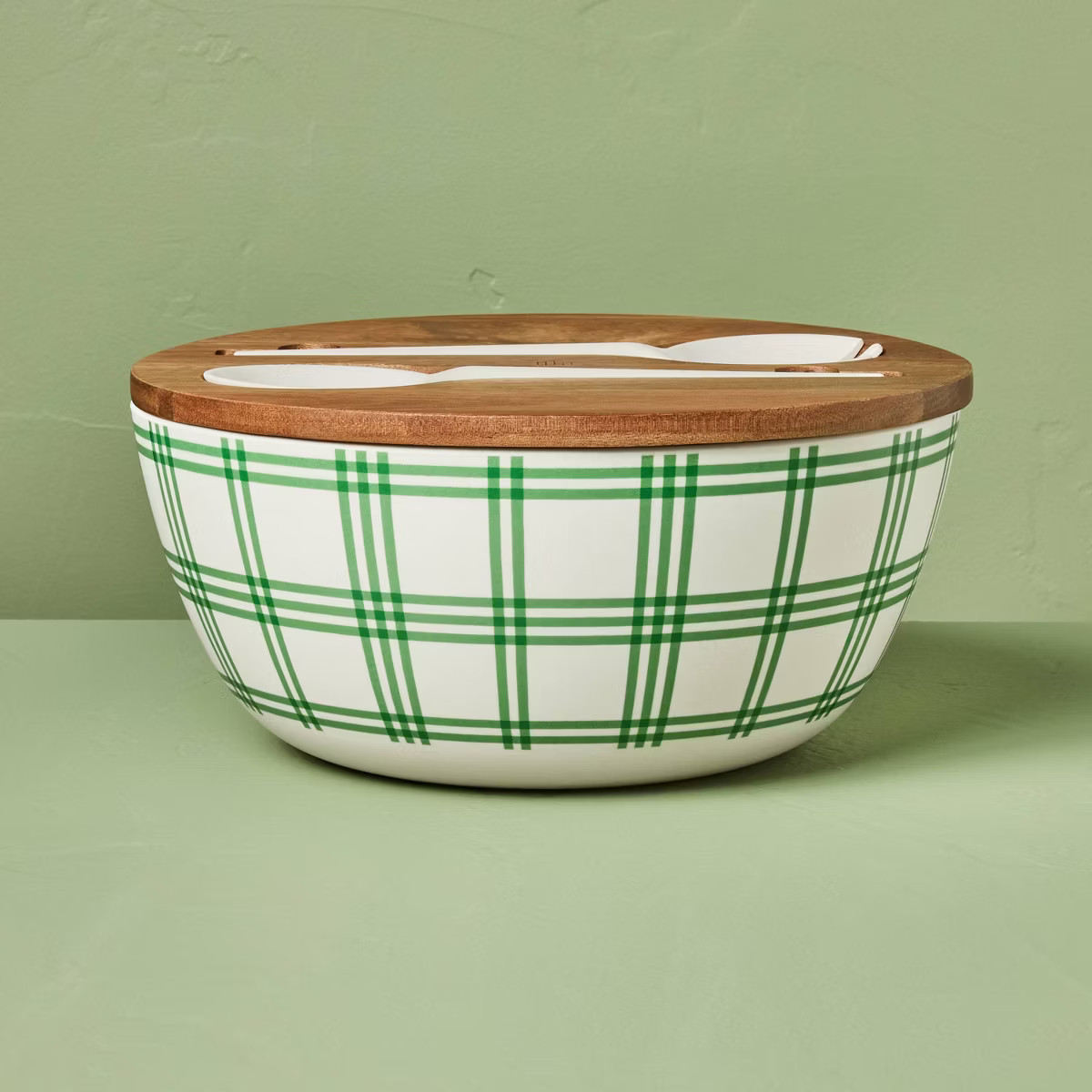 4pc Tri-Stripe Plaid Melamine Serving Bowl and Utensil Set Green/Cream - Hearth & Hand™ with Ma... | Target