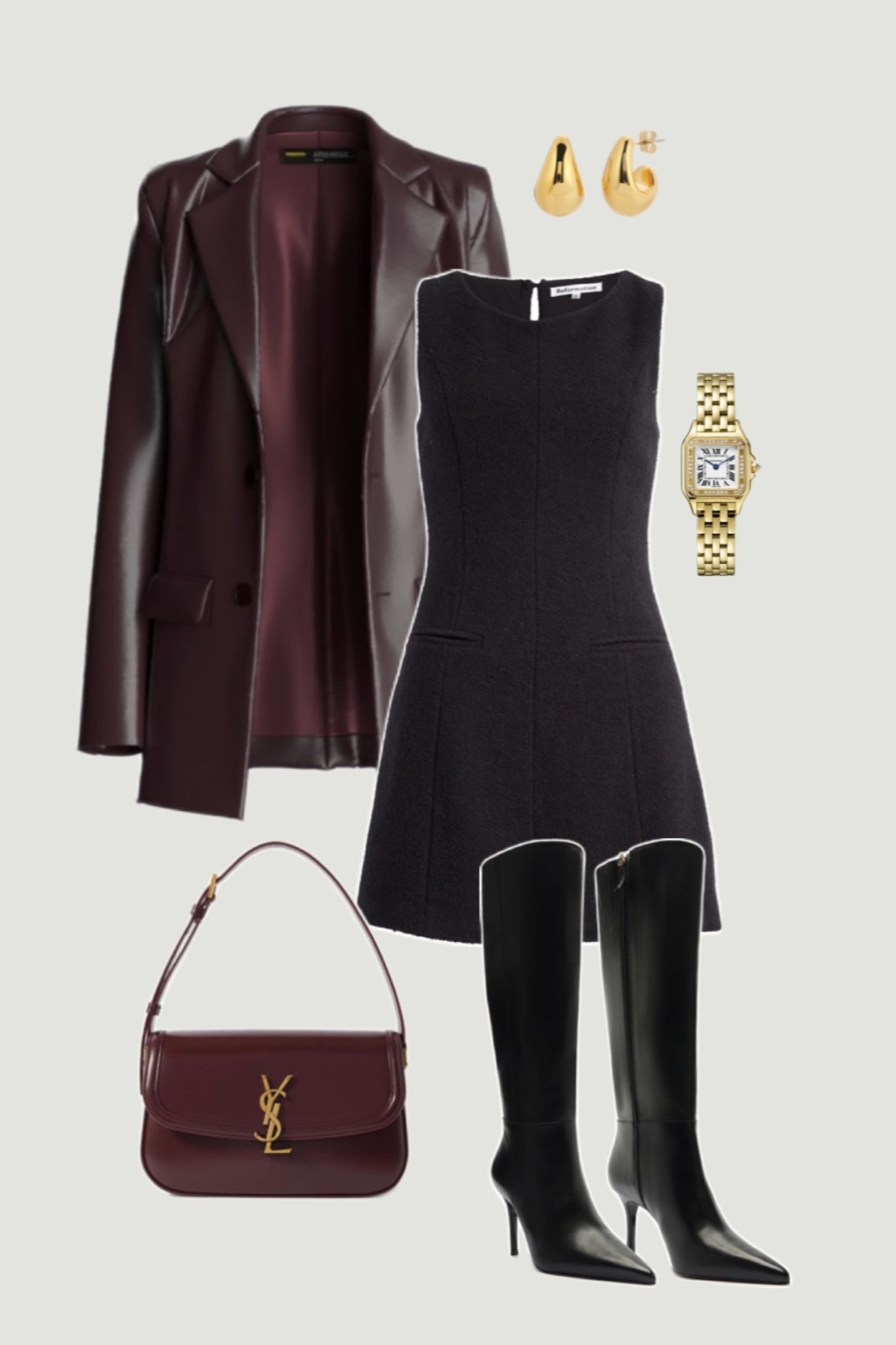 Burgundy and black outfit 🖤 perfect for a holiday party! 

Burgundy leather blazer, tweed black mini dress, black knee high boots outfit, elevated black dress look, chic style, girls night outfit, date night outfit, Christmas party outfit 

#LTKHoliday #LTKSeasonal