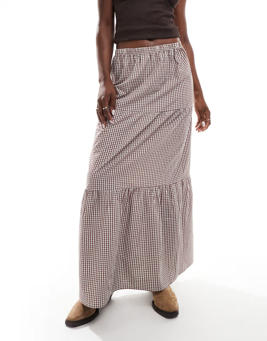 ASOS DESIGN tiered maxi skirt in brown gingham | ASOS (Global)