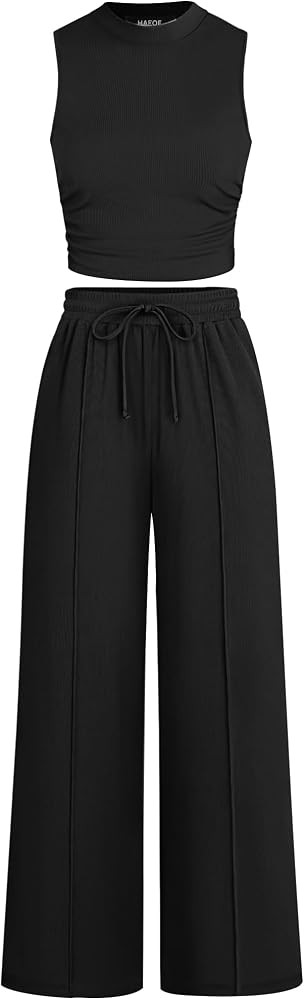 HAEOF Women's Summer 2 Piece Outfits Ribbed Knit Sleeveless Crop Tops Elastic High Waist Wide Leg... | Amazon (US)