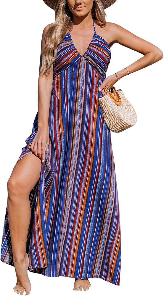 CUPSHE Women Backless Ruffle Summer Dress Halter Plunging V Smocked Waist Back Bow Tie Tiered Max... | Amazon (US)